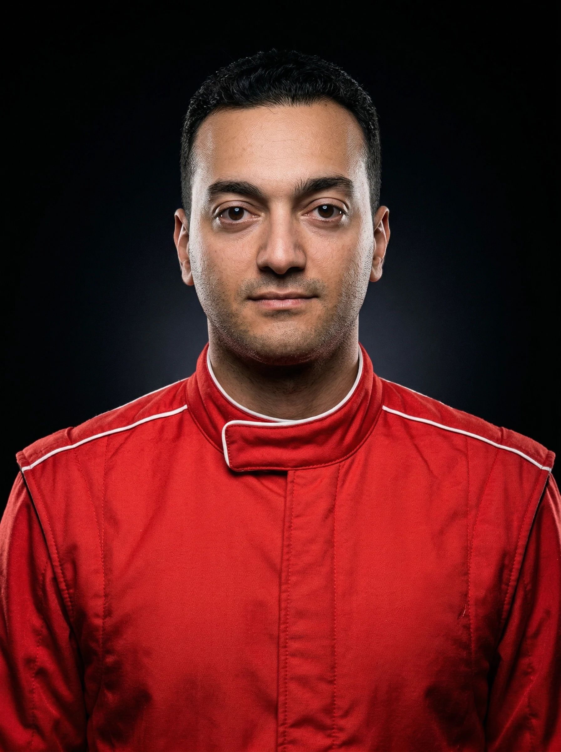 Gritty black and white cinematic portrait of a professional racing driver