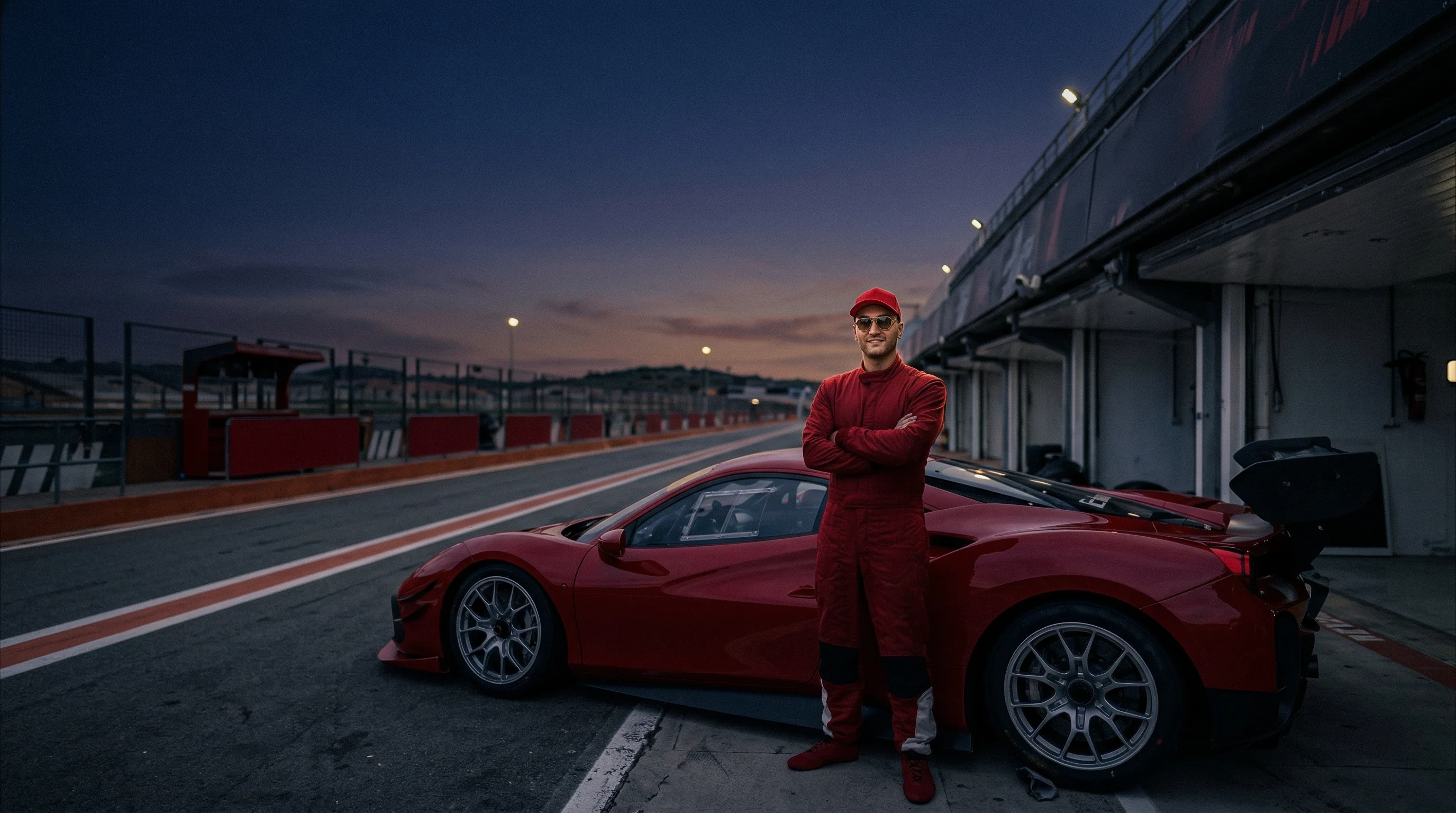 Cinematic shot of a matte black sports car speeding on a track at dusk